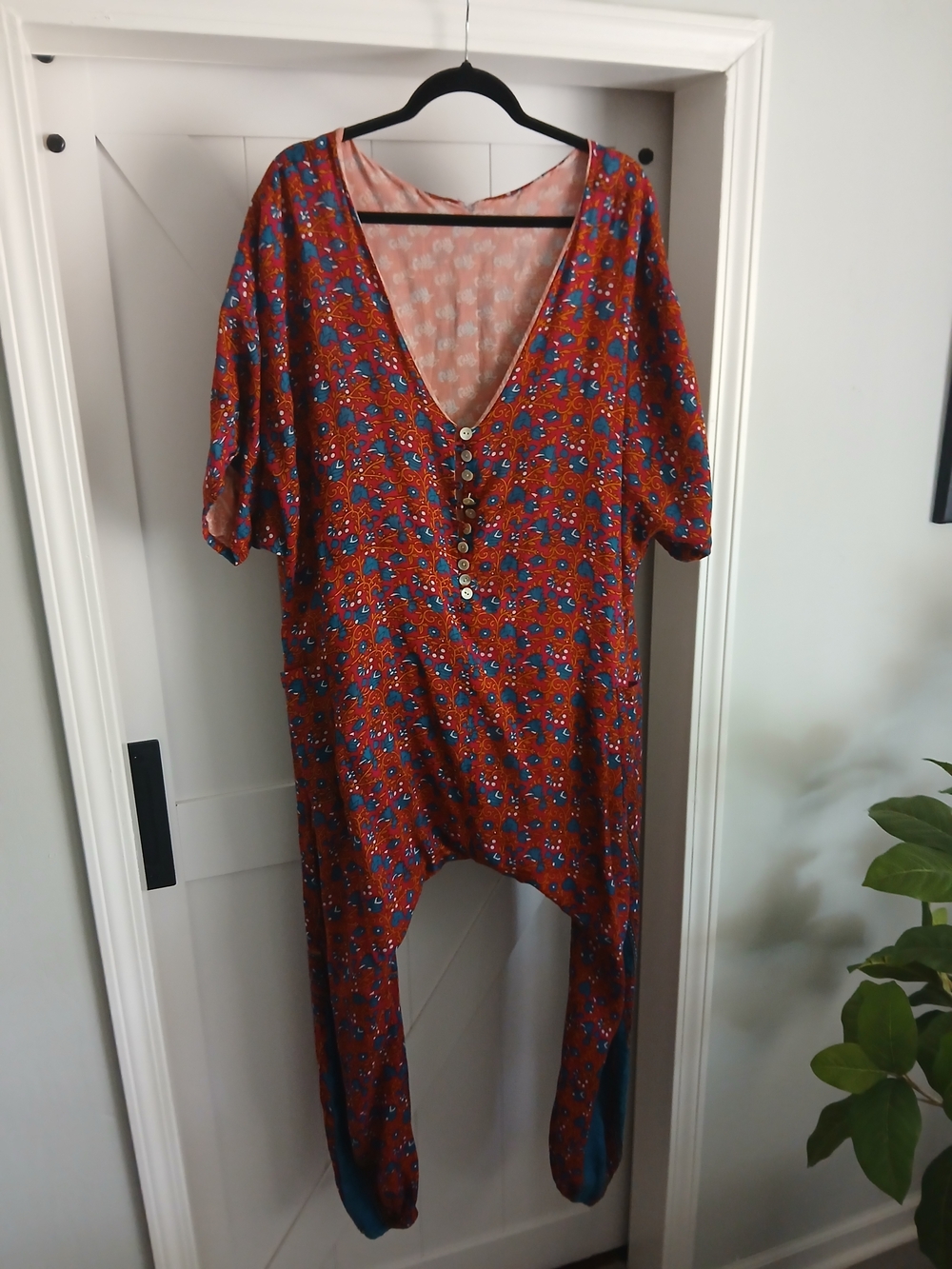 Source Unknown Red Floral Boho Jumpsuit with Button Front